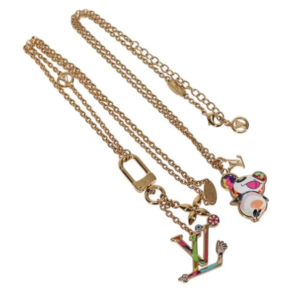 LOUIS VUITTON LVxTM 2 Necklace Super Flat metal Gold Tone LV Auth - Picture 1 of 14